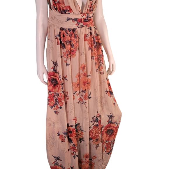 FILLY FLAIR Soieblue blush floral low-cut v-neck  flowy sheer long maxi dress l - Picture 7 of 9